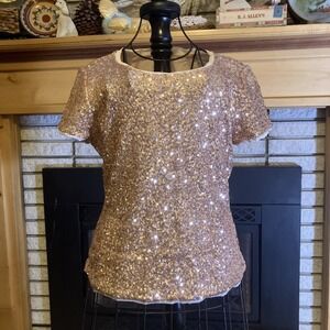Rachel Roy Womens Sequin Top Sz L Fitted Short Sleeve Rose Gold Mesh Trim Zipper